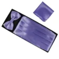 Detail view of purple satin men cummerbund bow tie and pocket square set for formal event. - Light Purple