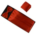 Detailed view of red silk bow tie, cummerbund and pocket square set in gift box. - Red