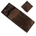 Detailed view of brown glossy polyester formal cummerbund bow tie and pocket square set. - Brown