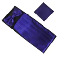 Men's elegant purple satin cummerbund bow tie and pocket square set detail display. - Deep purple