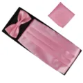 Pink men's formal cummerbund bow tie pocket square set with black gift box for wedding party. - Pink