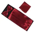 Burgundy satin cummerbund bow tie and pocket square set for men formal party wear. - Burgundy