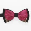 Detail shot of men's double layer two-color fashion bowtie with metal corner, polyester. - Rose Red