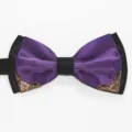 Detail view of men's double layer purple and black bow tie with gold metal corner decor. - Purple