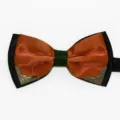 Close-up detail of double-layer men bow tie featuring dual-color design and vintage metal corners. - Watermelon red