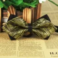 Men's sharp corner bow tie, black and gold wave patterned fabric with solid center band. - LJ-JJ22