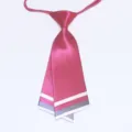 Details of the pink satin collar tie featuring elegant white and grey striped bottom design. - Rose Red