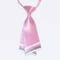 Pink satin double layer knife tie with white grey stripes, women kids necktie detail shot. - Pink