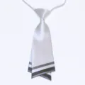 Detailed view of a white pre-tied uniform necktie featuring stylish dark stripes at the tip. - White