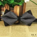Men's black silver striped polyester silk bow tie, sharp corner business wedding accessory. - LJ-JJ31