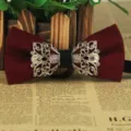 Wine red bow tie with silver rhinestone metal hollow flower for men wedding party. - Burgundy