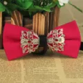 Red fabric bow tie with black center and rhinestones floral metal decor for men wedding party - Rose Red