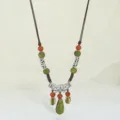 Retro Zen ceramic beaded necklace with ethnic style, adjustable long cord for women. - Wantang Green