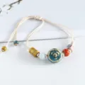 Handmade ceramic beaded bracelet with adjustable woven cord, vintage Chinese style for women - Flat Rose Flowers (Blue)