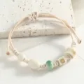 Handmade ceramic beaded bracelet with adjustable woven cord and retro ethnic style jewelry. - Small Oval Milky White and Green Beads