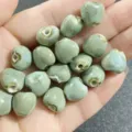 Jingdezhen ceramic peach shape beads for DIY bracelet jewelry making, cute green loose beads. - 10 Pieces/Pack / Green & White