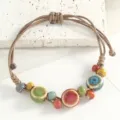 Handmade Jingdezhen Ceramic Beaded Bracelet Retro Woven Adjustable Cord Jewelry Gift - Small Flat Rondelle Beads, Reactive Glaze, 3 Colors Mix