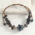 Handmade ceramic beaded bracelet with star pendant, vintage woven rope adjustable. - Watermelon Star