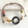 Retro Chinese style ceramic beaded bracelet handmade woven brown cord jewelry gift for women. - Wooden Buttons in Flower Style