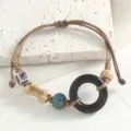 Handmade ceramic beaded bracelet retro woven adjustable rope wrist jewelry for women gift - Wooden Buttons in Bone Style