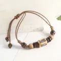 Retro ethnic handmade ceramic bracelet with wooden beads and adjustable woven rope. - Short Square Column Style