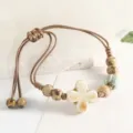 Vintage ceramic clover beaded bracelet handmade woven cord couple jewelry gift for women - Cross Green & White Watermelon