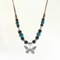 New Chinese style retro butterfly necklace with black and turquoise beads and brown cord. - Green Spotted Butterfly