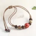 Handcrafted vintage ceramic bead braided bracelet with adjustable brown rope for couples. - Red Watermelon Wood Spacers