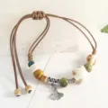 Handmade retro ceramic bead bracelet with ginkgo leaf pendant brown braided rope jewelry. - Small Green Beads & Milky White Stars