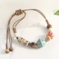 Vintage boho ceramic beaded bracelet, handmade braided rope adjustable jewelry for couple. - Blue Spinning Top Style