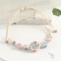 Handmade Ceramic Flower Braided Cord Bracelet Pink Blue Beaded Cute Boho Wrist Jewelry - Double Plum Blossom Pink and Beige