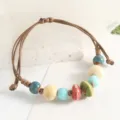 Jingdezhen ceramic beaded bracelet, retro ethnic handmade braided rope couple jewelry - Small UFO Pink & Green Style