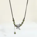 Ceramic butterfly necklace with green beads and black cord, elegant clavicle chain for women. - Green Butterfly