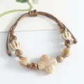 Handmade ceramic clover bead bracelet, traditional Chinese style woven rope jewelry gift. - Four-Leaf Clover (Coffee White)