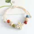 Handmade ceramic four-leaf clover bracelet, beige woven rope with colorful glazed beads. - Four-Leaf Clover (Milky White)
