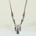 Bohemian water drop ceramic necklace vintage long sweater chain with blue red beads sku. - Wantang Blue