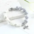 Chic retro beaded bracelet with grey round beads and white textured charms for women. - Camellia White Feather (Smoky Gray)