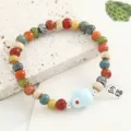 Cute ceramic rabbit beaded bracelet with fortune charm, colorful aesthetic jewelry for women. - CS151