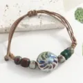 Vintage ethnic Jingdezhen ceramic bead braided bracelet, handmade casual cord accessory. - Green Reactive Glaze Windmill Style Beads