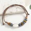 Handmade Ceramic Beaded Bracelet Retro Ethnic Style Braided Rope Jewelry for Men Gift - Greyish White Melon Seed Round Beads
