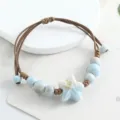 Handcrafted ceramic star bracelet with brown braided cord blue beads cute style jewelry - Little Starfish - Light Blue