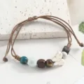Vintage bohemian ceramic beaded bracelet with cute butterfly charm and adjustable woven cord. - Square Prism Butterfly (Bean Green)
