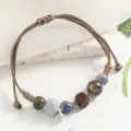 Hand-woven men's ceramic beaded bracelet with retro Jingdezhen beads and wooden charm - Smoky Purple Square Wood Style