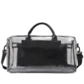 Silver PVC travel duffel bag with black handles and strap, spacious waterproof weekend bag. - Black