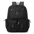 Black mesh backpack with multiple pockets, large capacity outdoor casual travel school bag. - Black