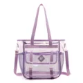 Transparente PVC Tasche mit lila Besatz, Strandtasche mit Vordertasche und Schulterriemen. - Violett