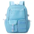 Hellblauer Netz-Rucksack mit vielen Fächern, großer Studenten-Laptop-Rucksack für Reisen. - Blau
