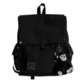 Schwarzer Canvas-Rucksack mit Überschlag, Vordertaschen und süßem Affen-Plüsch-Schlüsselanhänger. - Schwarz