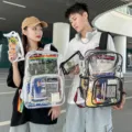 Transparenter PVC Rucksack für Schule und Reisen wasserdichte klare Schultasche im Alltag - Rucksack und Federmäppchen / Schwarz