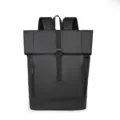 Black minimalist roll-top backpack for urban business men, waterproof leather-film bag. - Black